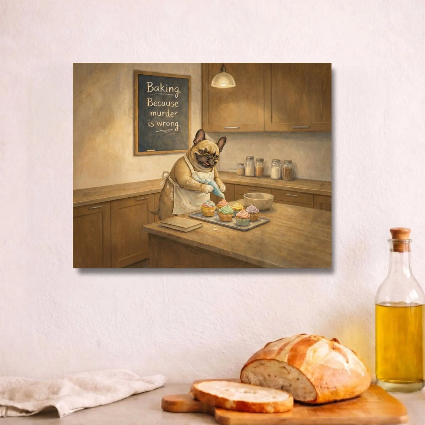 Baking Because Murder Is Wrong | Dog Lover Kitchen Wall Art Canvas