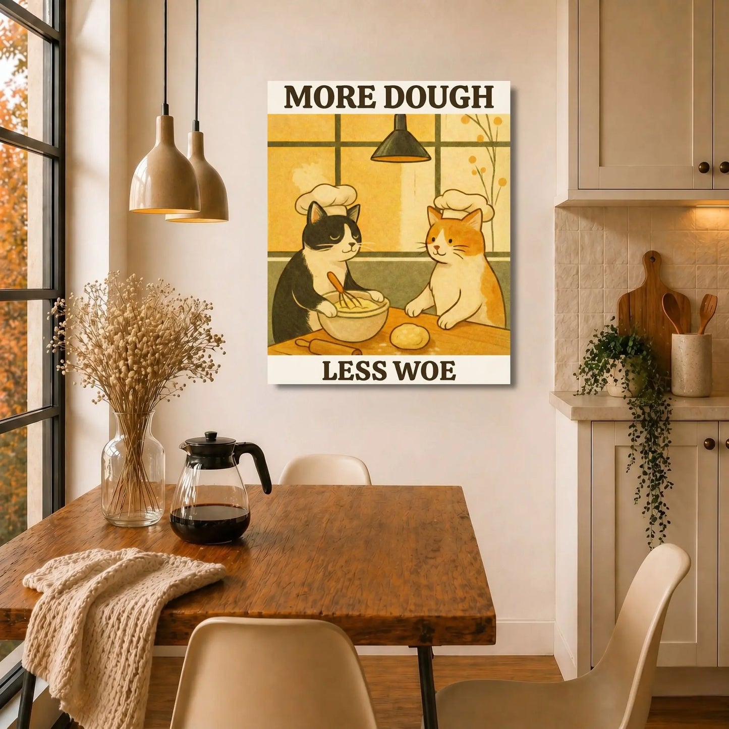 More Dough Less Woe | Cat Lover Kitchen Wall Art Canvas