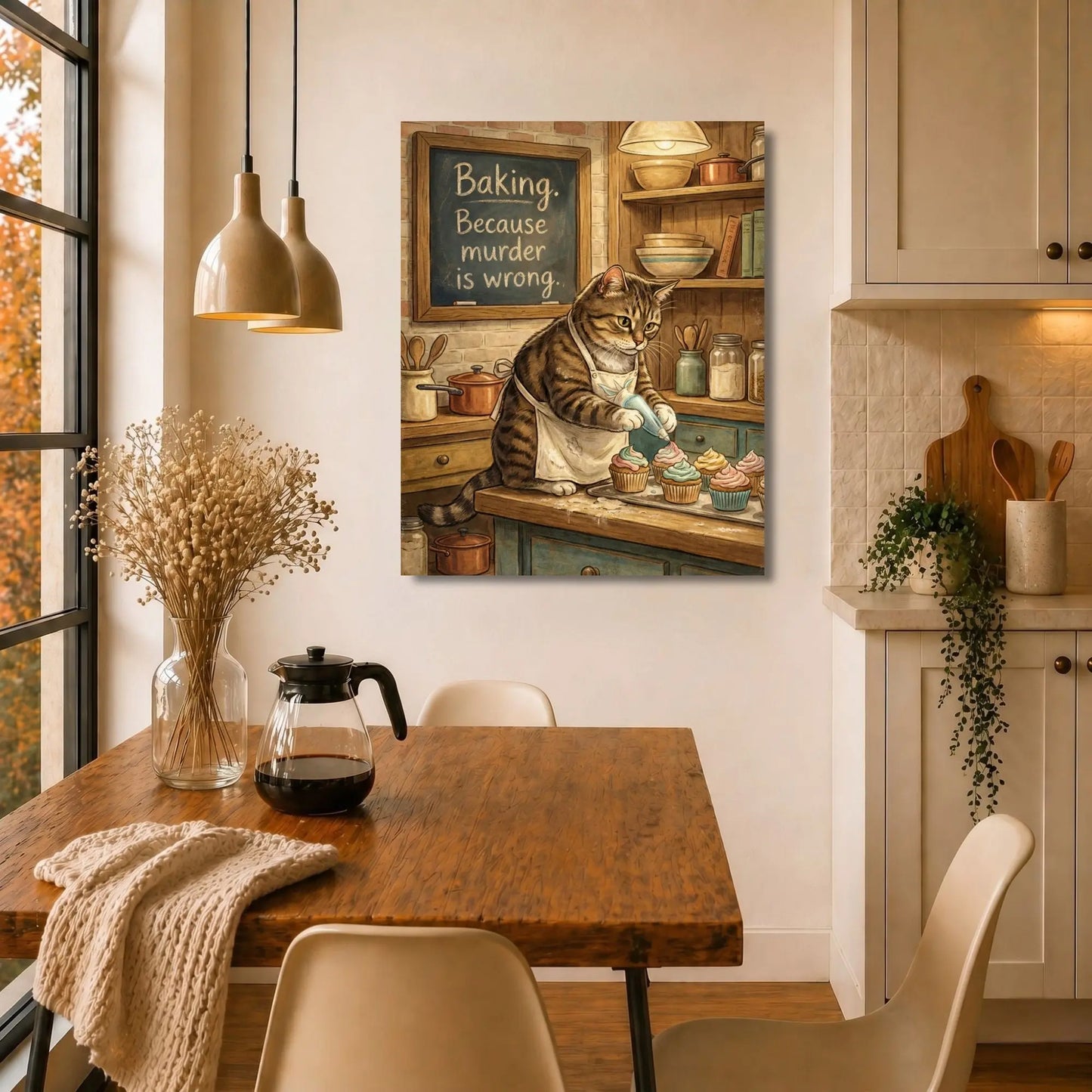 Baking Because Murder Is Wrong | Cat Lover Kitchen Wall Art Canvas