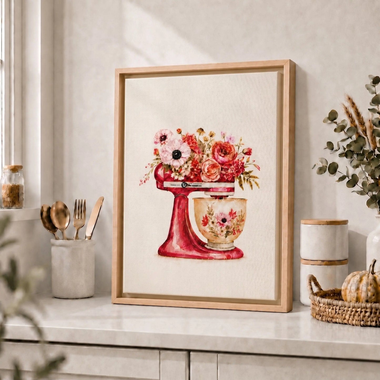 Vintage Floral Prints Framed | Pink Mixer Kitchen Wall Art Canvas