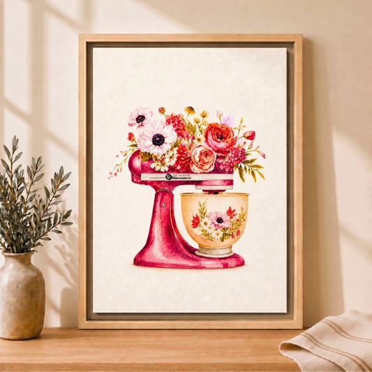 Vintage Floral Prints Framed | Pink Mixer Kitchen Wall Art Canvas