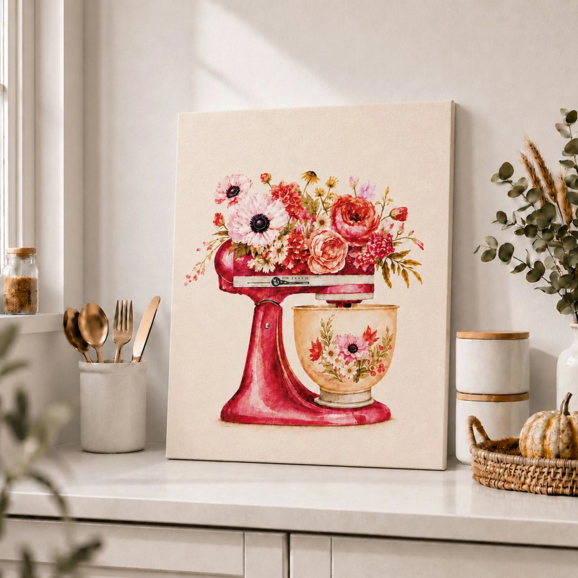Vintage Floral Prints | Pink Mixer Kitchen Wall Art Canvas