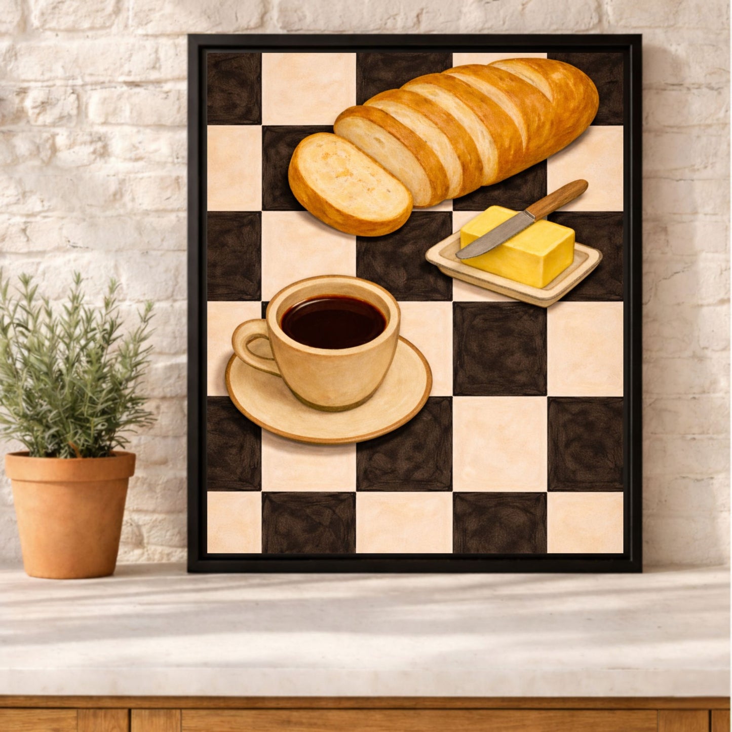 Retro Coffee, Bread & Butter Framed Kitchen Wall Art Canvas