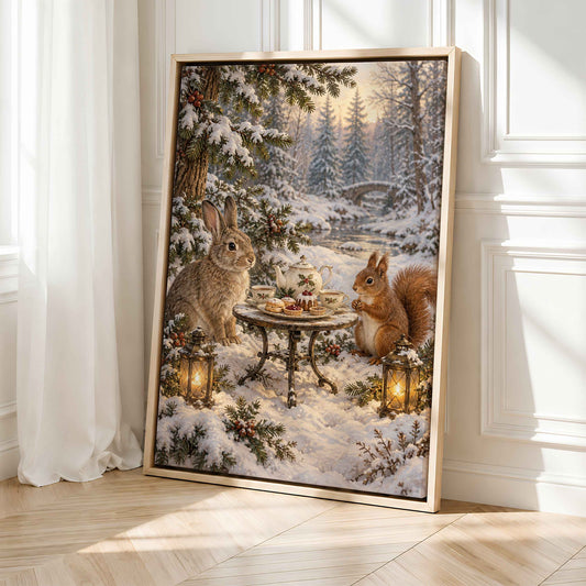 Framed Winter Wall Art Canvas | Woodland Animal Print