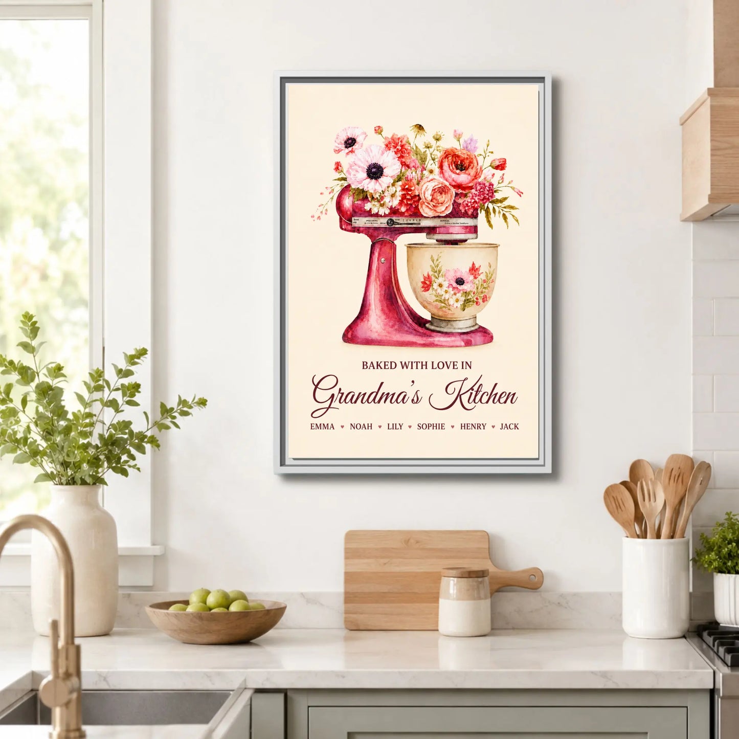 Framed artwork of a pink mixer with flowers in a kitchen setting