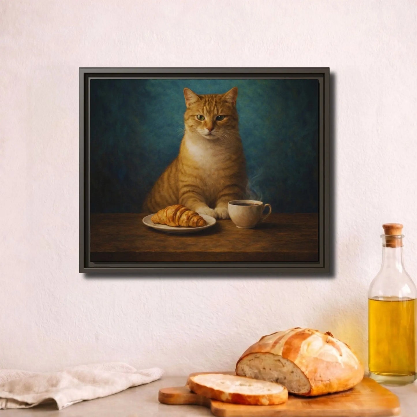 Croissant-Loving Tabby | Framed Kitchen Wall Art Canvas