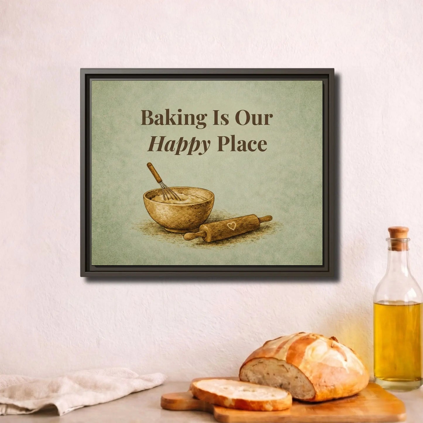 Baking Is Our Happy Place | Framed Kitchen Wall Art Canvas