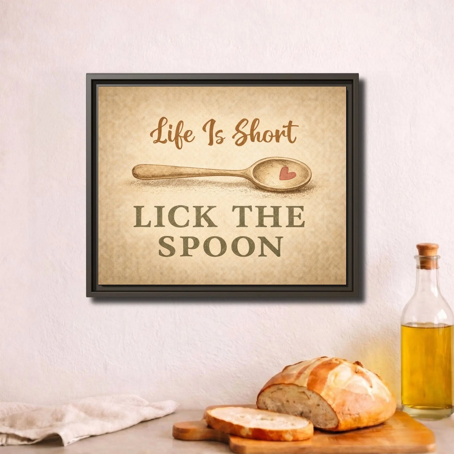 Life Is Short Lick the Spoon | Framed Motivational Kitchen Wall Art Canvas