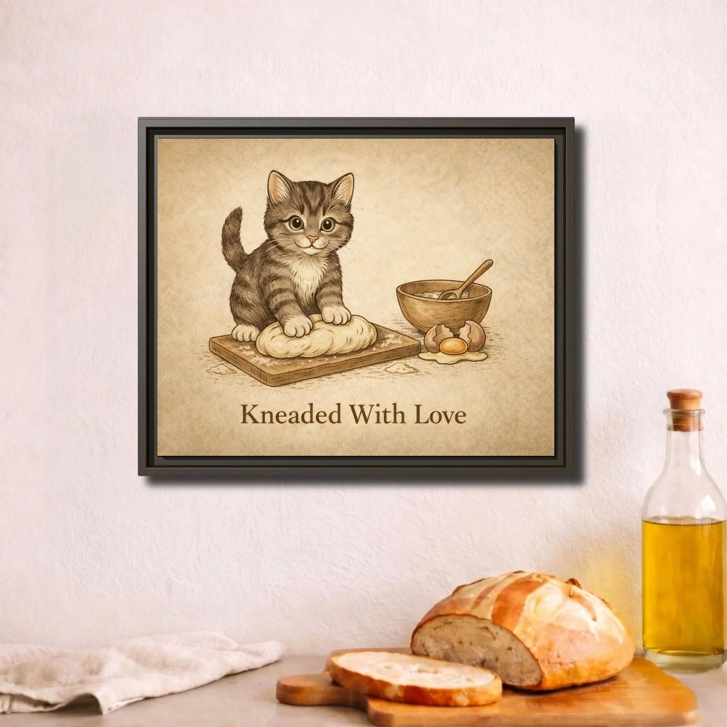 Kneaded With Love | Framed Cat Kitchen Wall Art Canvas