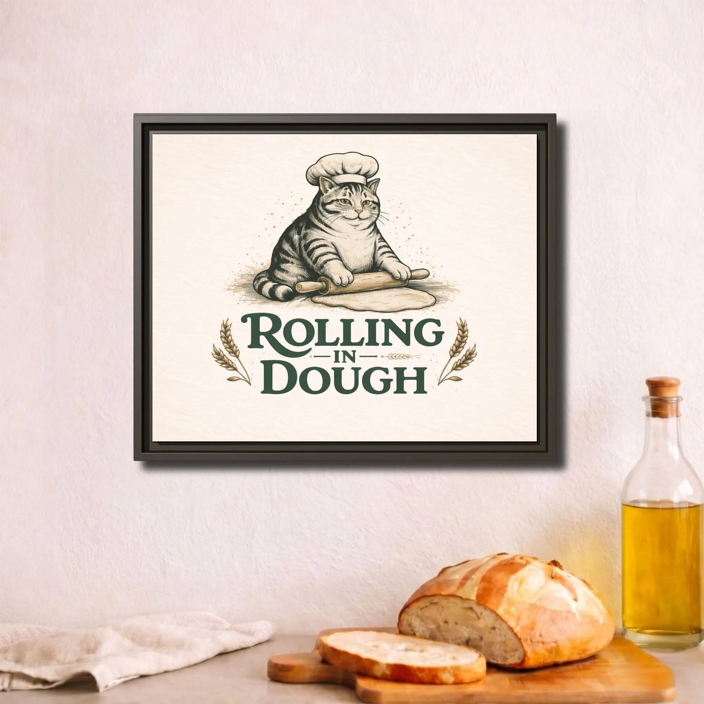 Rolling in Dough | Framed Cat Kitchen Wall Art Canvas