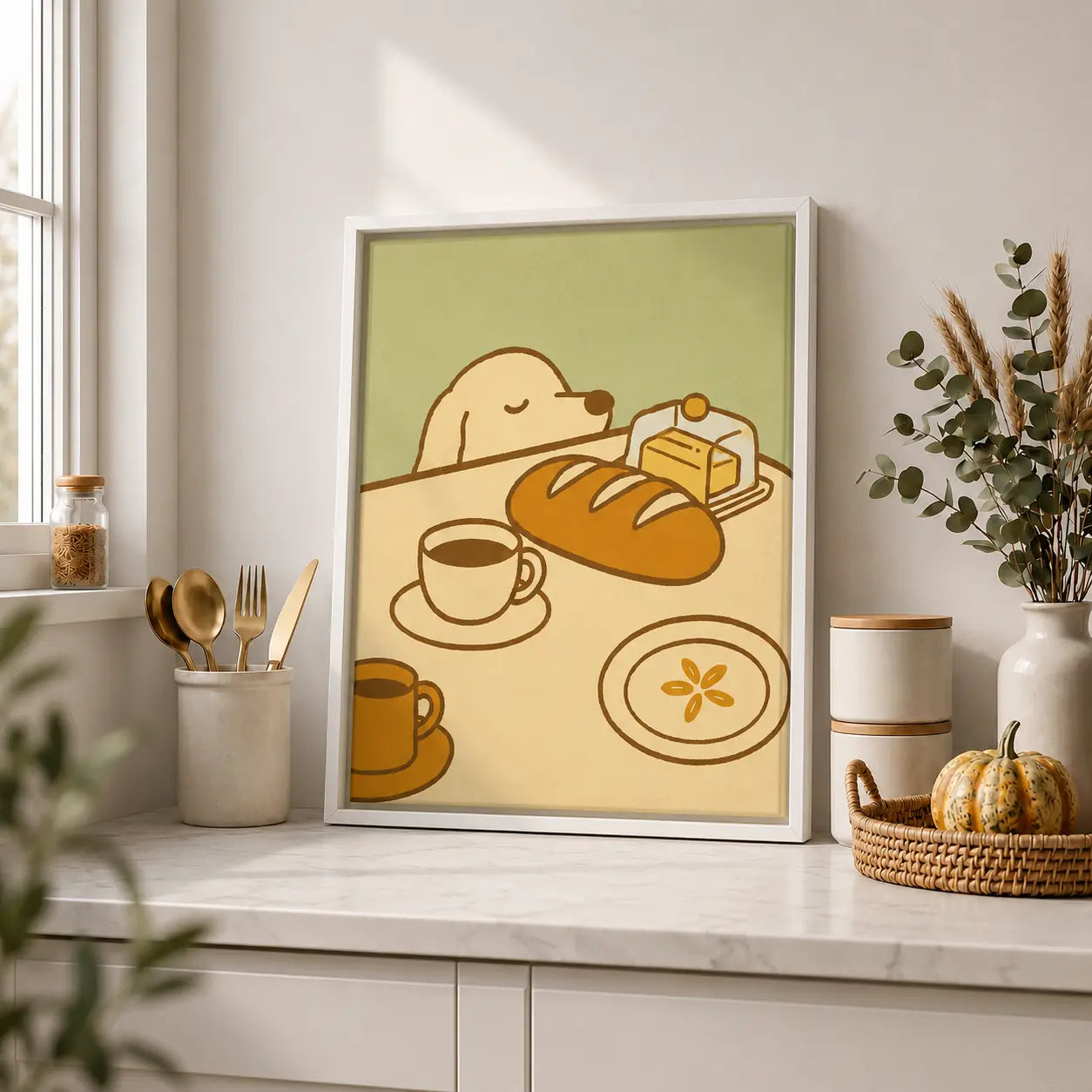 Slow Mornings Start Here | Framed Kitchen Wall Art Canvas