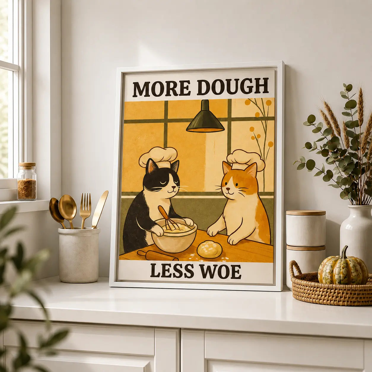 More Dough Less Woe Cat | Cat Lover Framed Kitchen Wall Art Canvas