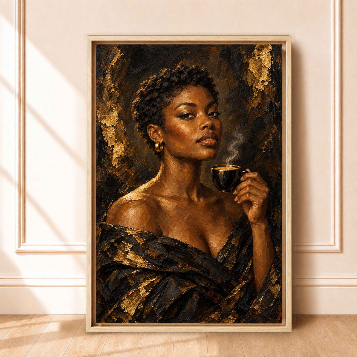 Framed Black and Gold Wall Art | Black Woman with Espresso Cup