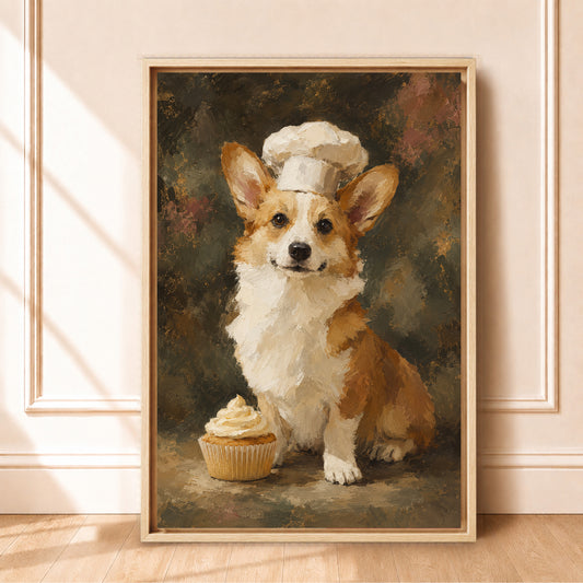 Corgi Wall Art Chef with Cupcake | Framed Kitchen Wall Art Canvas