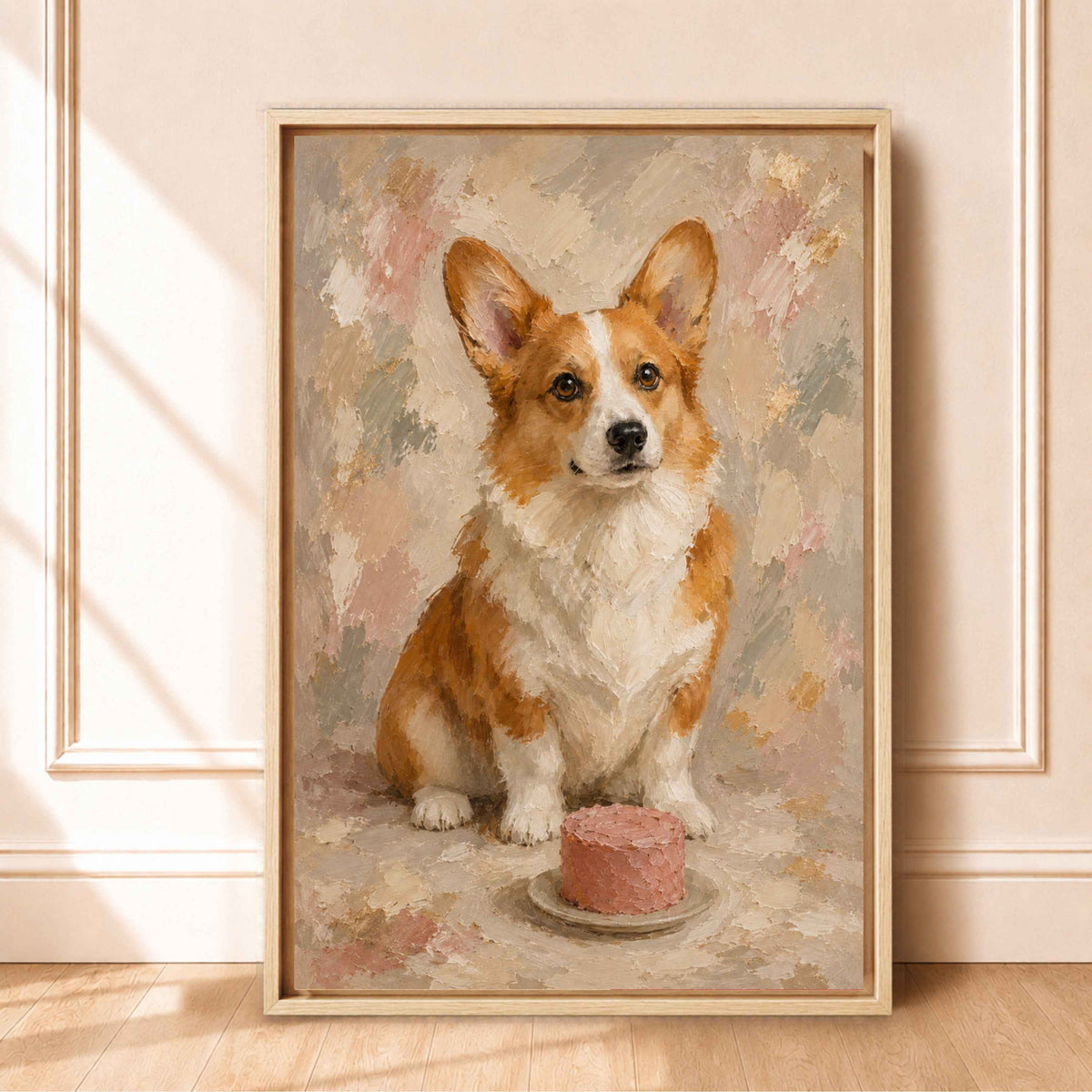 Corgi Wall Art with Pink Cake | Framed Kitchen Wall Art Canvas