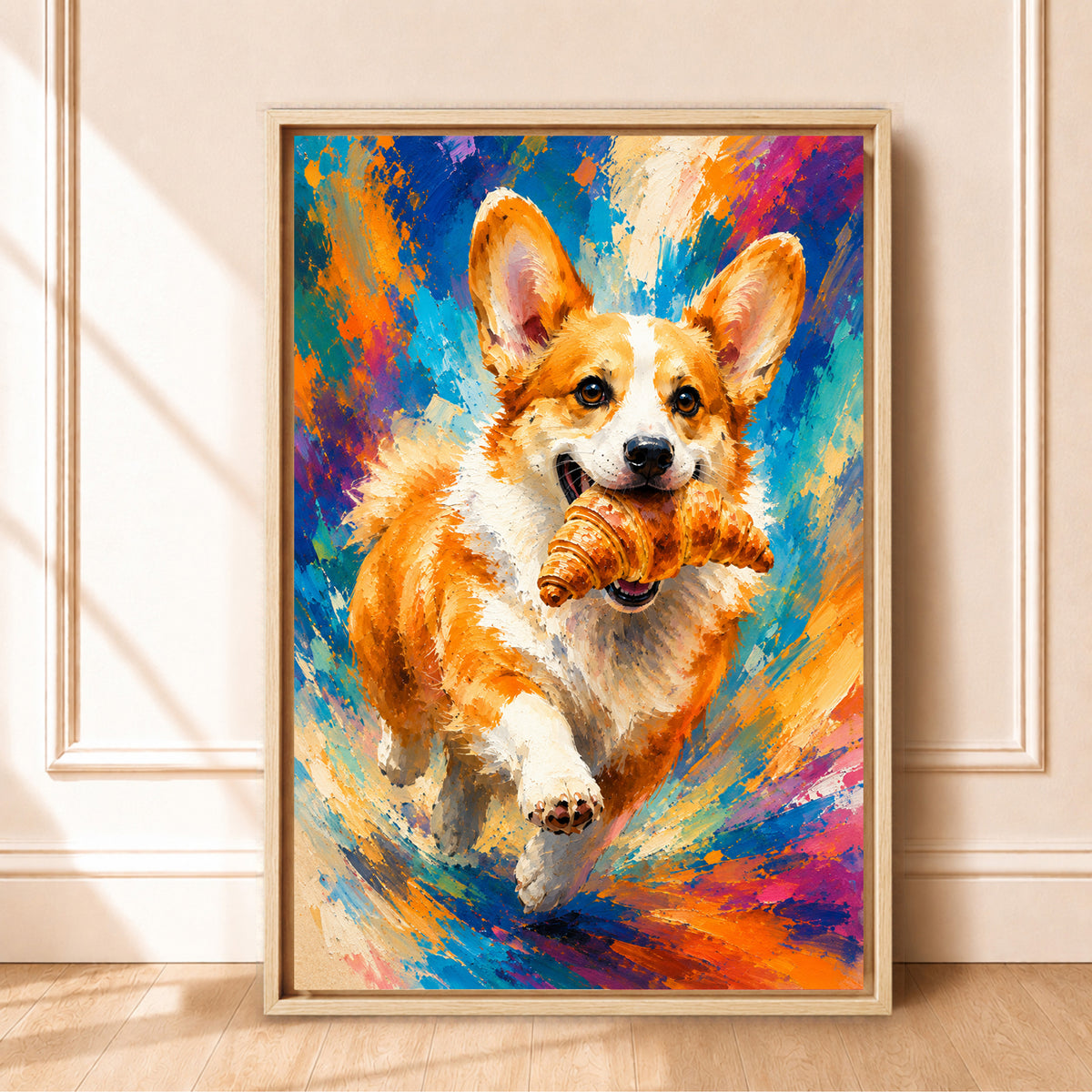 Corgi Wall Art with Croissant | Framed Kitchen Wall Art Canvas