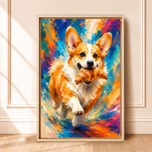 Corgi Wall Art with Croissant | Framed Kitchen Wall Art Canvas