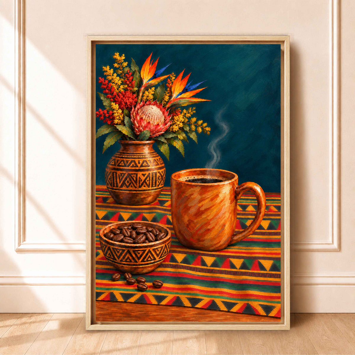 Framed Black Kitchen Wall Art Canvas | Coffee & Kente Cloth Still Life