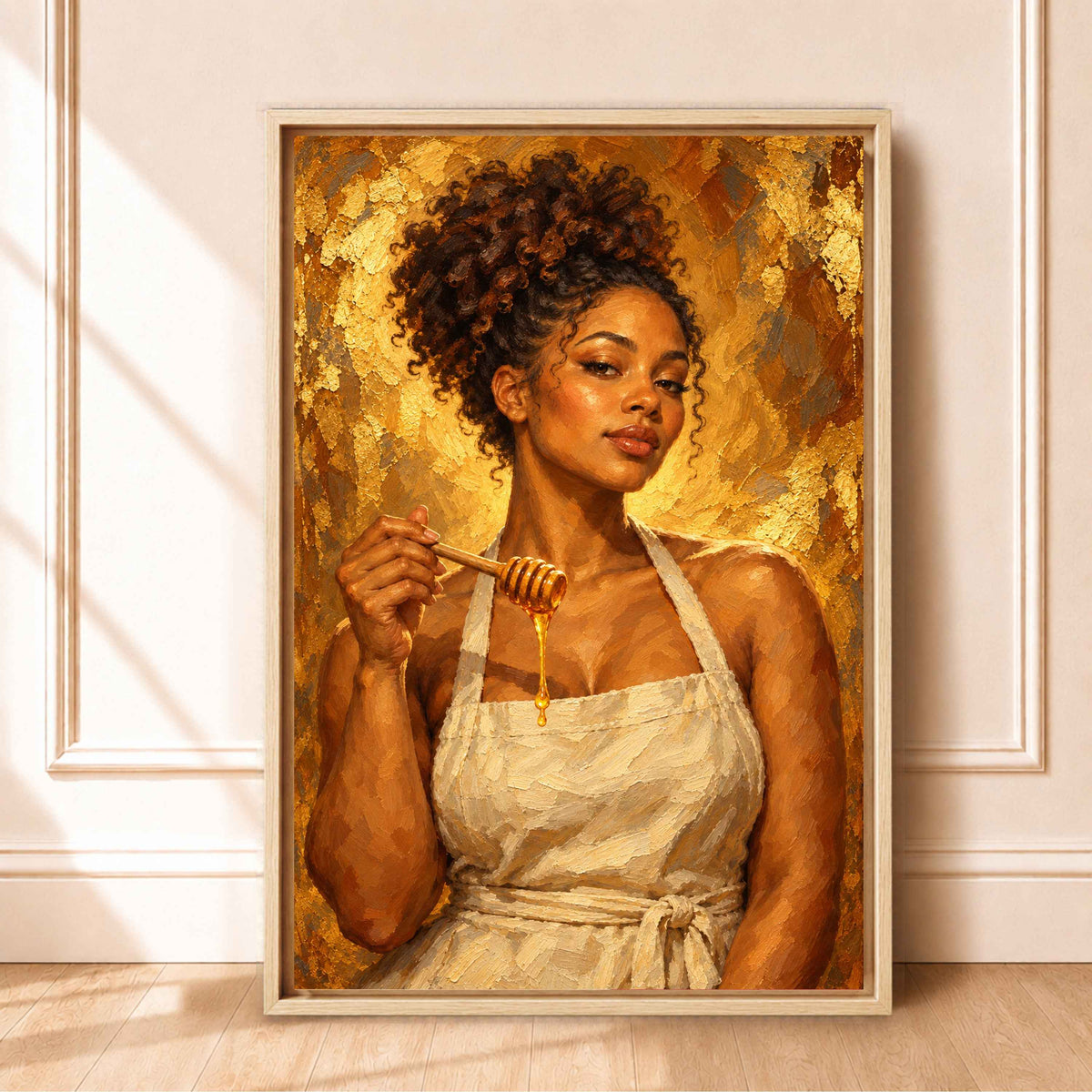 Framed Black Kitchen Wall Art Canvas | Woman with Honey Dipper