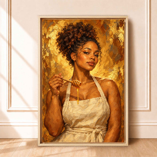 Framed Black Kitchen Wall Art Canvas | Woman with Honey Dipper