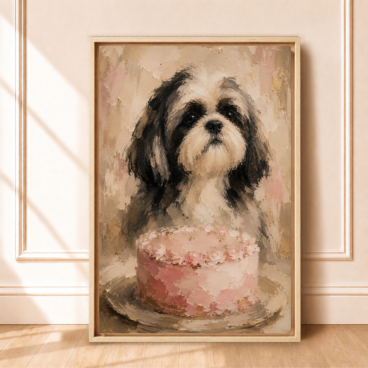 Shih Tzu Wall Art with Pink Cake | Framed Cute Dog Kitchen Decor Canvas
