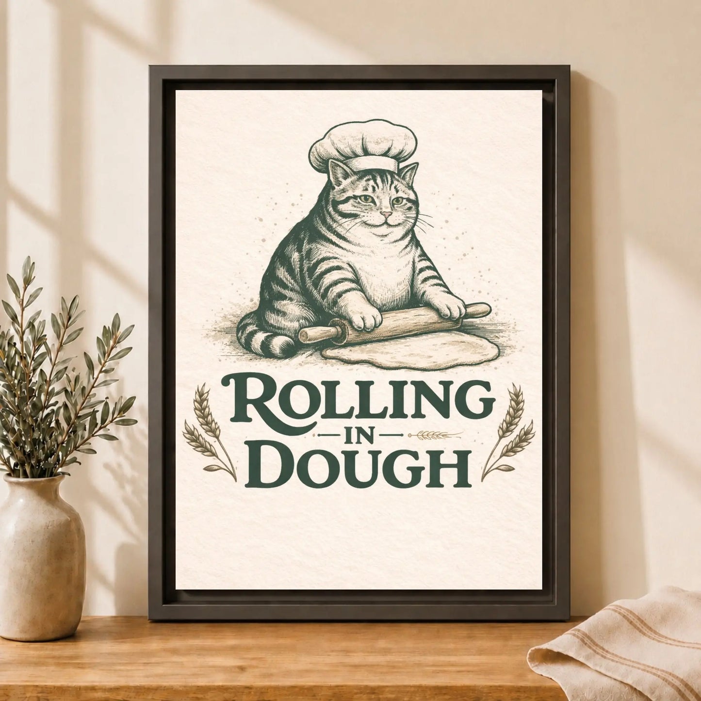Rolling in Dough | Framed Cat Kitchen Wall Art Canvas