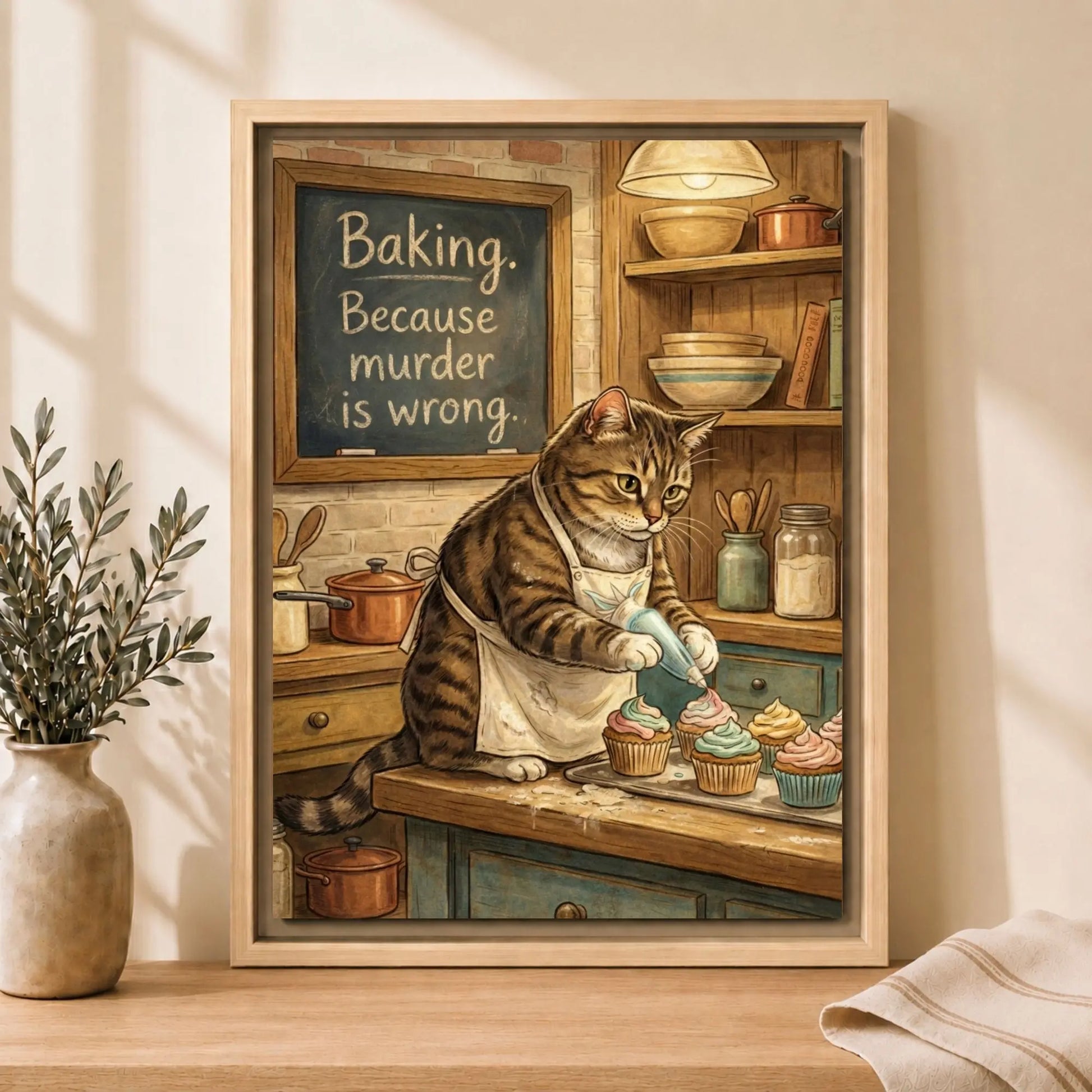 Baking Because Murder Is Wrong | Cat Lover Framed Kitchen Wall Art