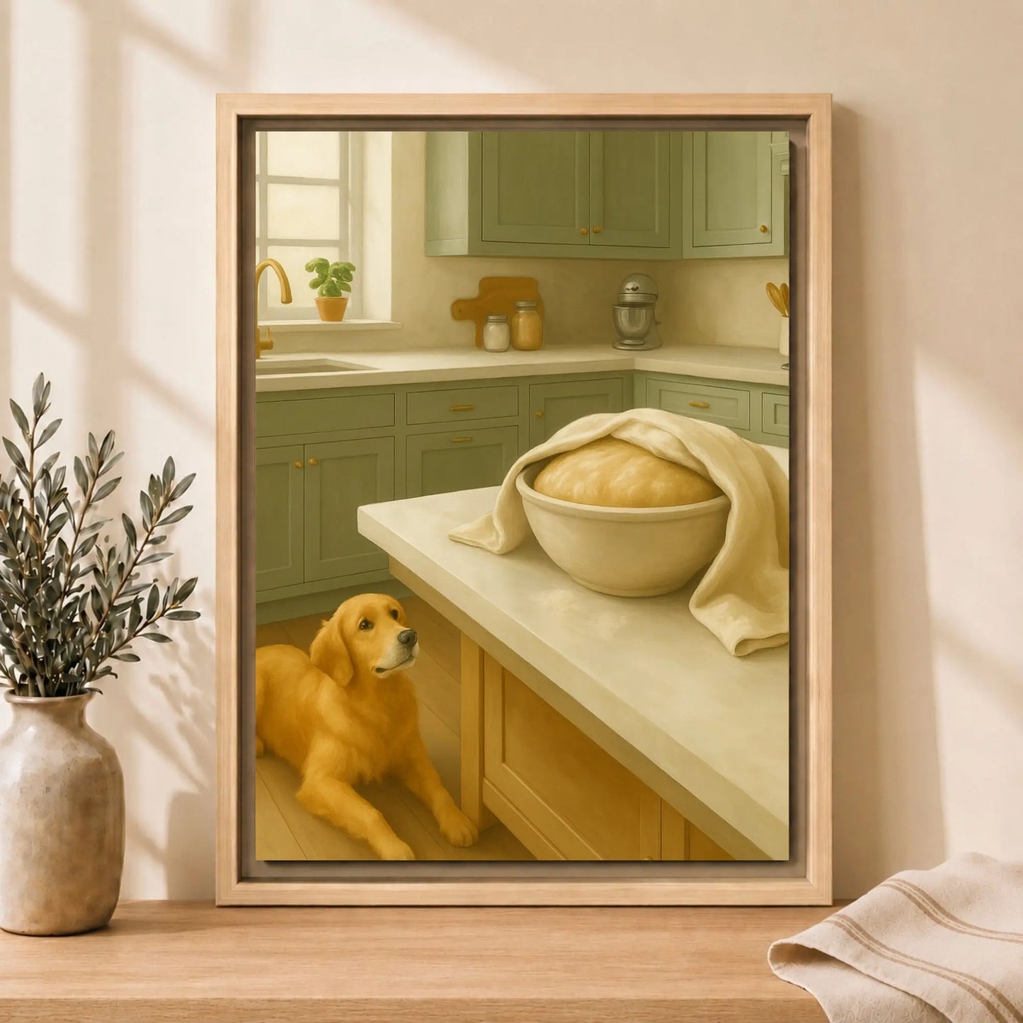 Patient Dough Watcher | Framed Dog Kitchen Wall Art Canvas