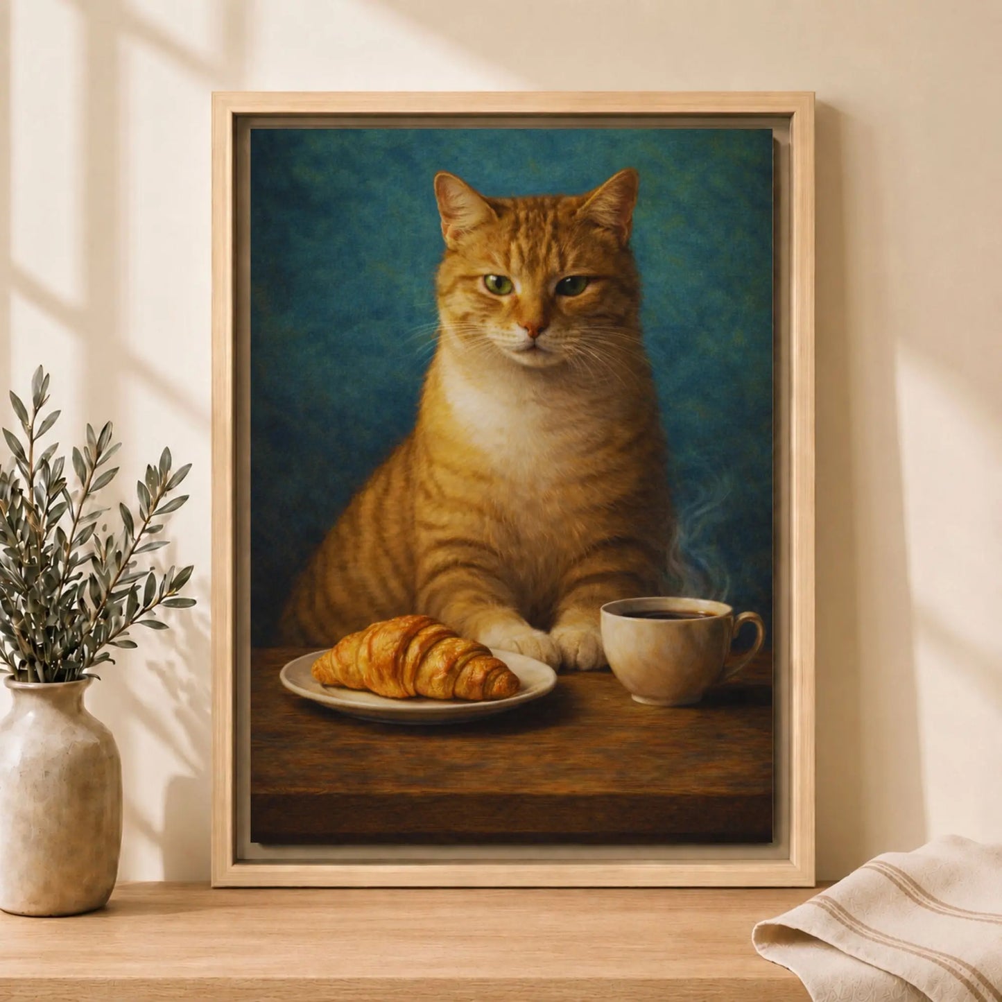 Croissant-Loving Tabby | Framed Kitchen Wall Art Canvas