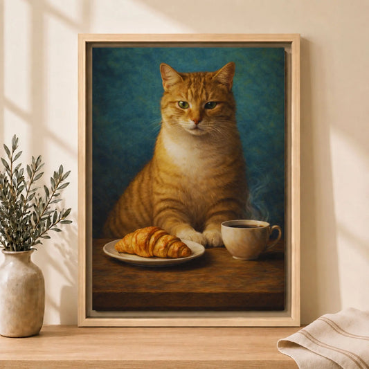 Croissant-Loving Tabby | Framed Kitchen Wall Art Canvas