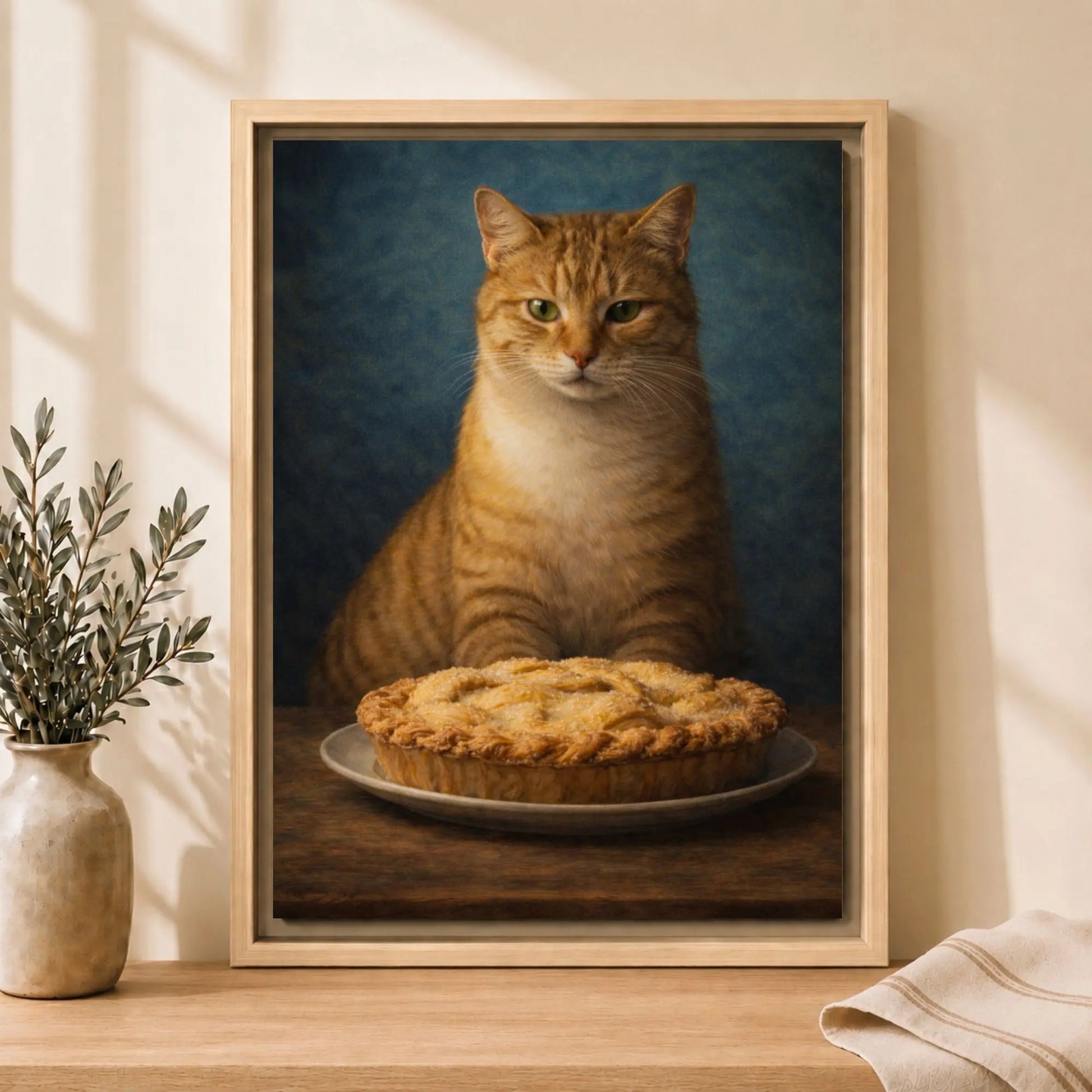 Pie-Loving Tabby | Framed Kitchen Wall Art Canvas