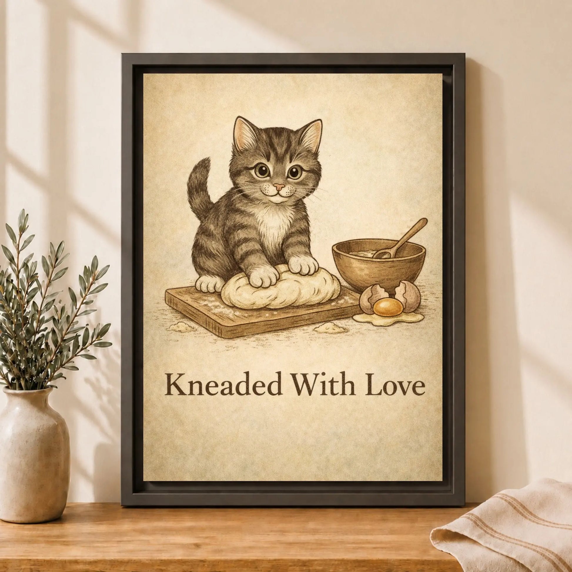 Kneaded With Love | Framed Cat Kitchen Wall Art Canvas