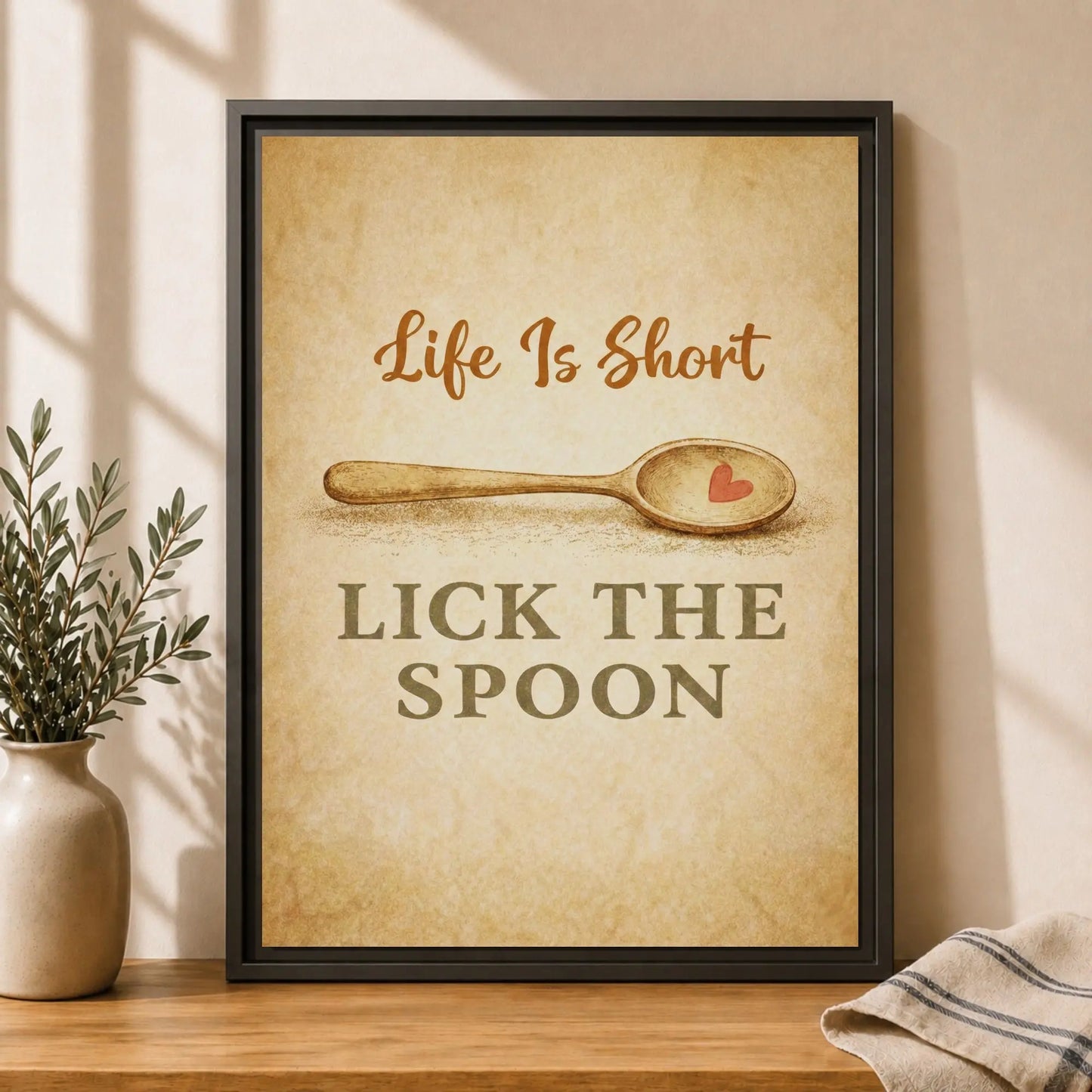 Life Is Short Lick the Spoon | Framed Motivational Kitchen Wall Art Canvas