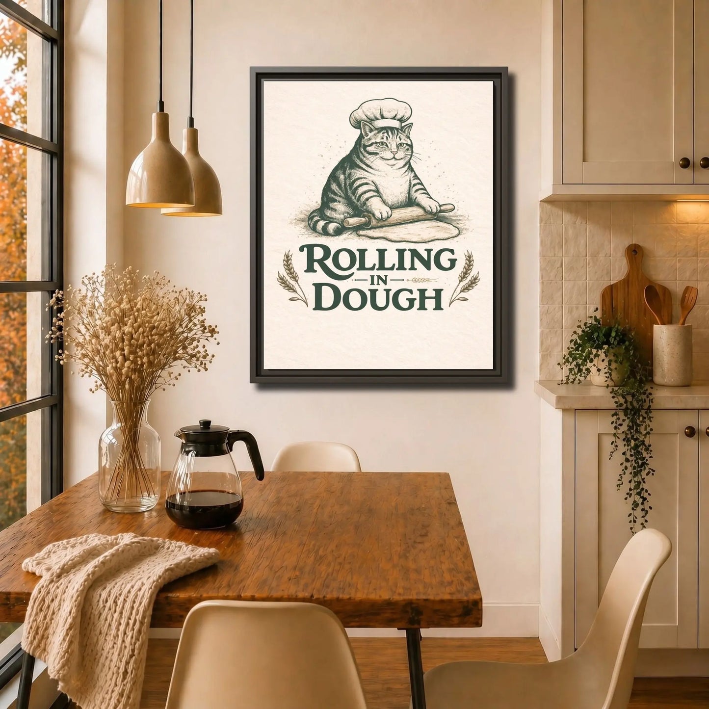 Rolling in Dough | Framed Cat Kitchen Wall Art Canvas