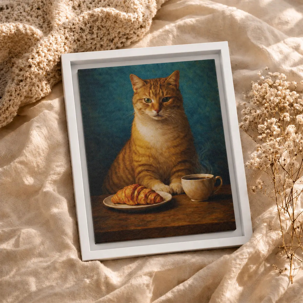 Croissant-Loving Tabby | Framed Kitchen Wall Art Canvas