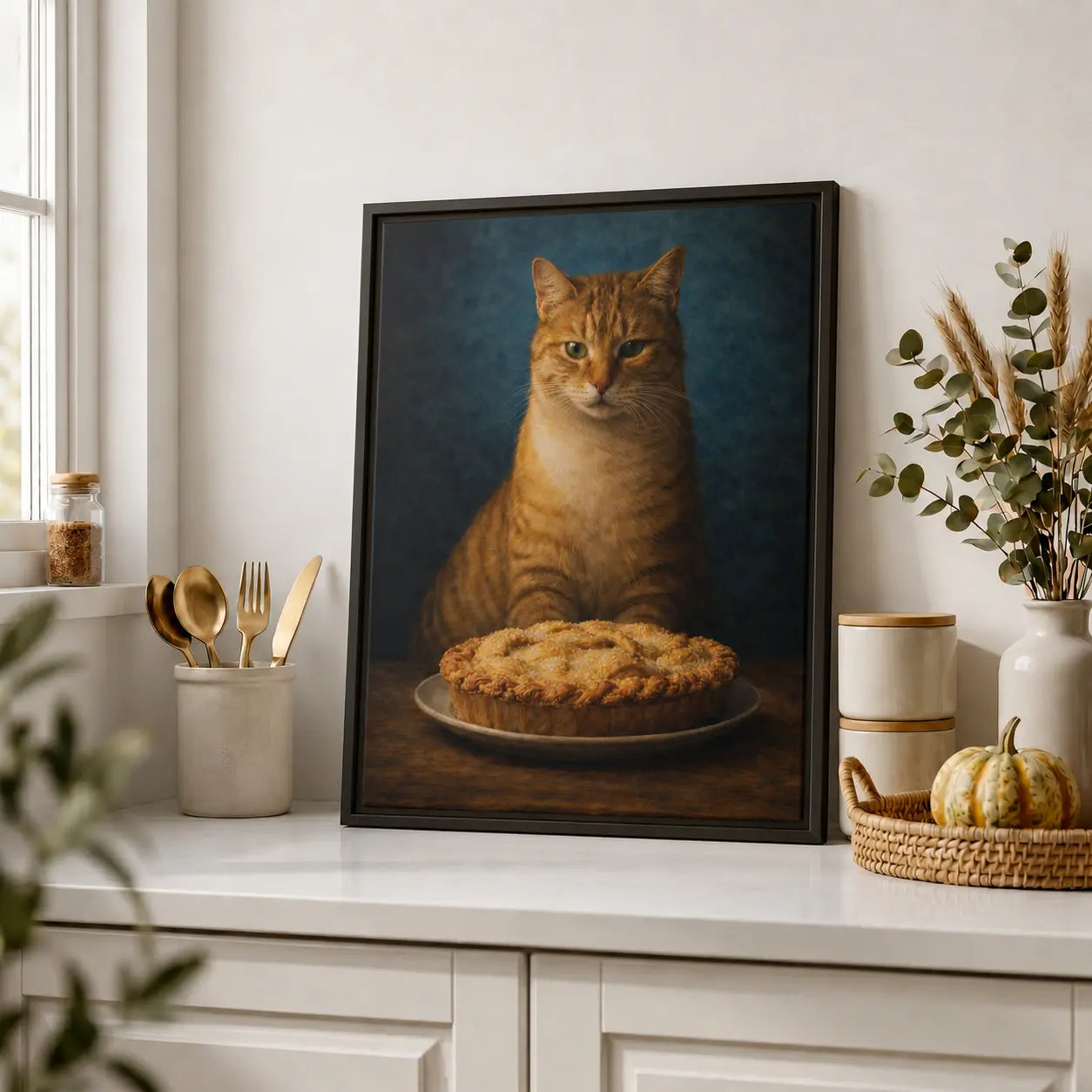 Pie-Loving Tabby | Framed Kitchen Wall Art Canvas