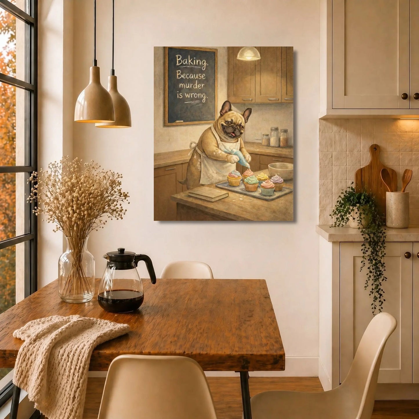 Baking Because Murder Is Wrong | Dog Lover Kitchen Wall Art Canvas