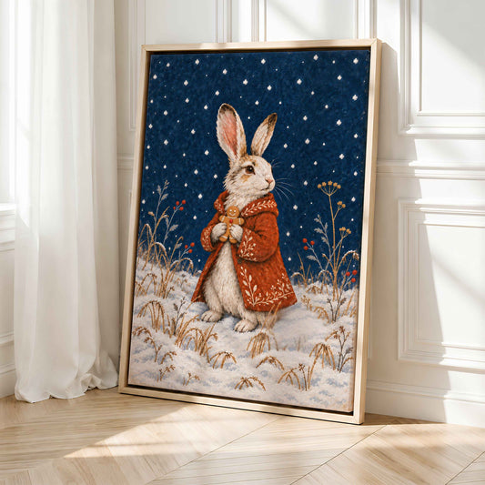 Framed Winter Wall Art Canvas | Snowy Rabbit | Woodland Decor